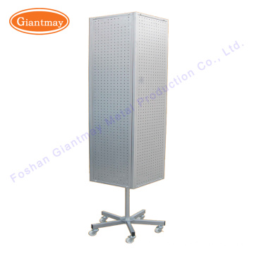 retail store 4 sideds board product metal rotating pegboard floor spinner display stand rack with wheels